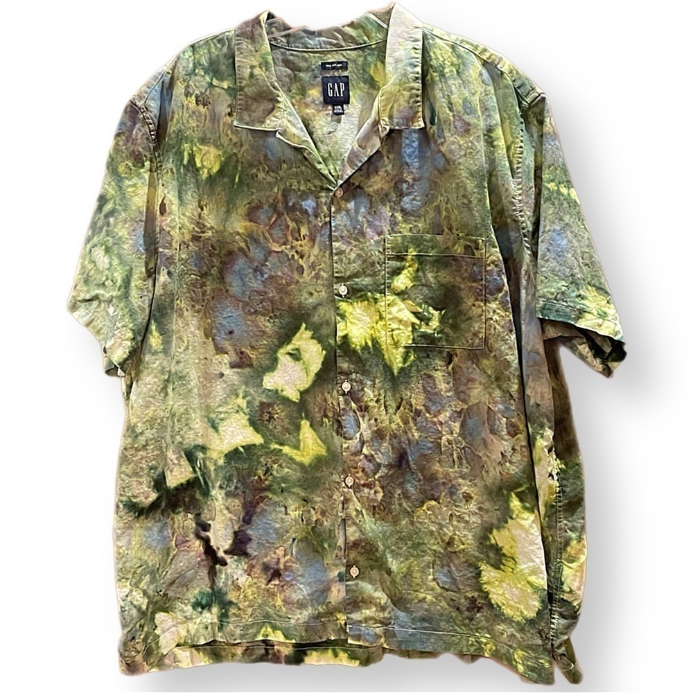 Men's tie dye linen cotton blend button down camp shirt short sleeve green 3XL